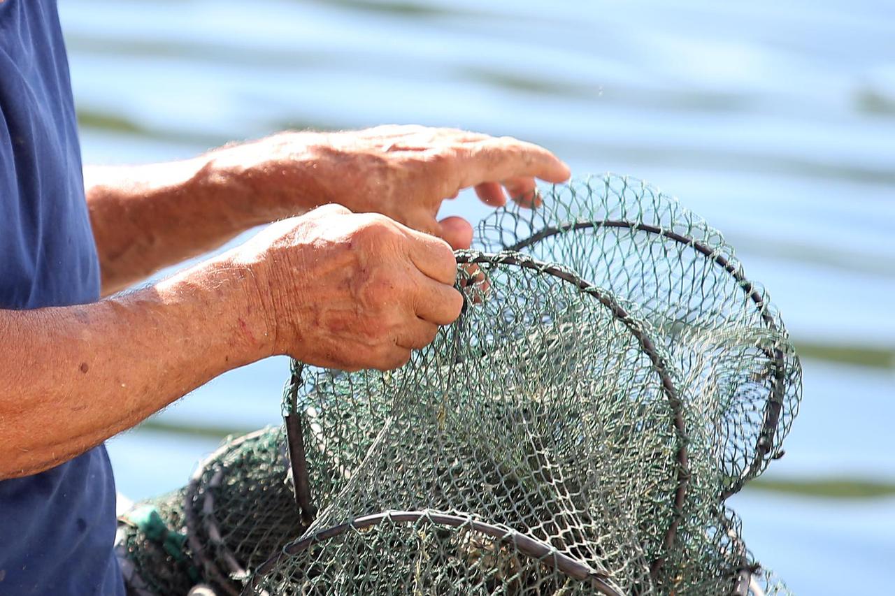 Ribar krpa i priprema mrežu za ulov ribe u boćatoj vodi Skradina