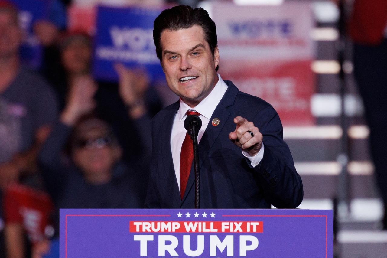 FILE PHOTO: Republican U.S. Representative Matt Gaetz speaks at Trump campaign rally in Henderson