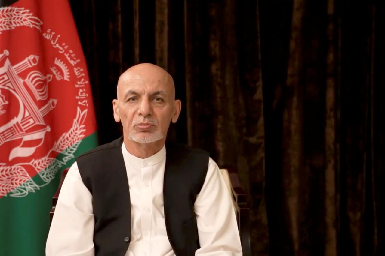 Afghan President Ashraf Ghani makes an address from exile in United Arab Emirates