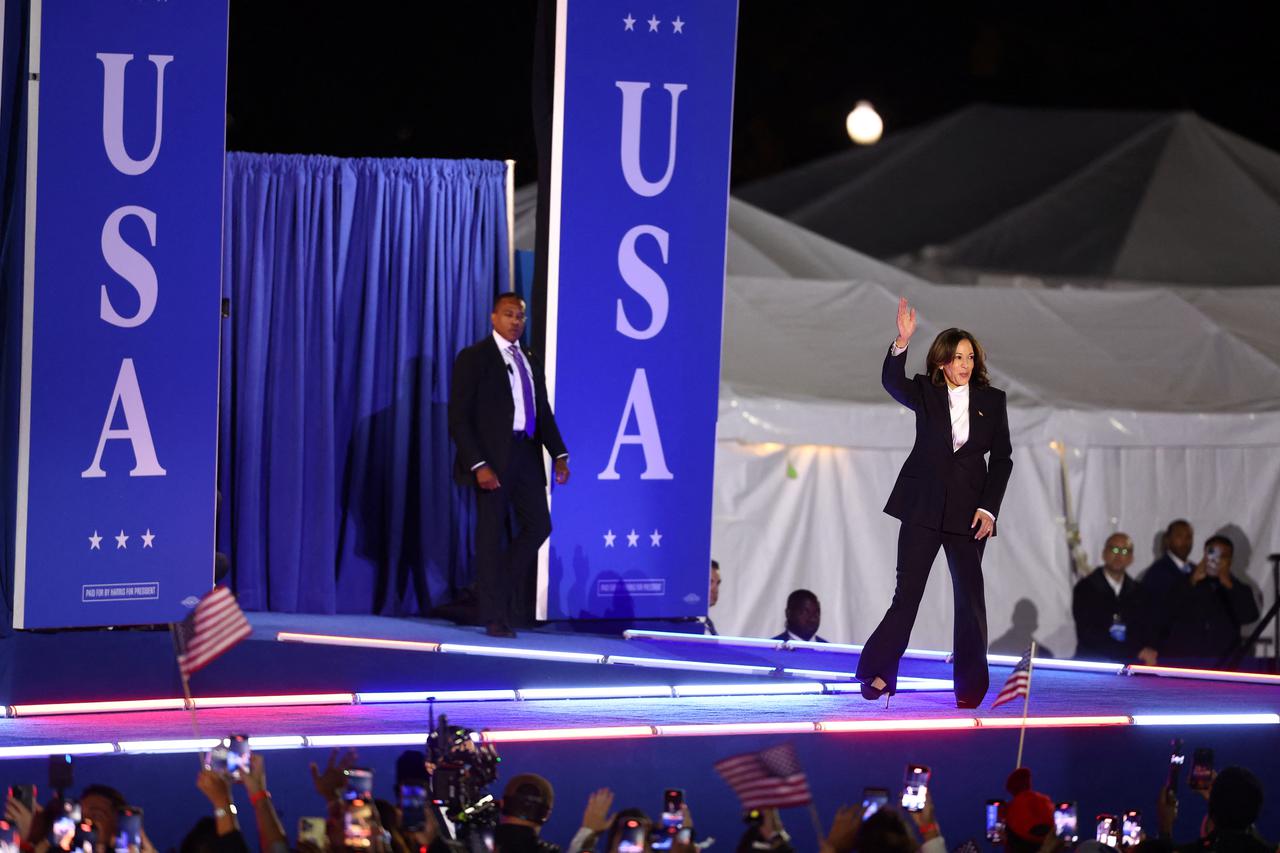 Democratic presidential nominee U.S. Vice President Kamala Harris delivers a speech on the National Mall, in Washington