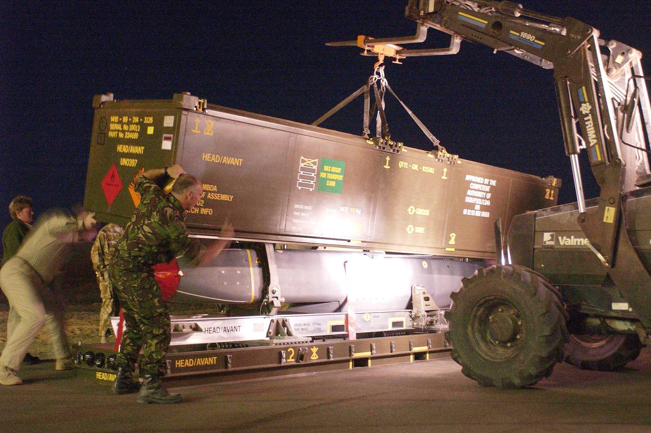 FILE PHOTO: A STORM SHADOW MISSILE IS PREPARED FOR LOADING ON TO AN RAF TORNADO GR4AIRCRAFT IN THE GULF.