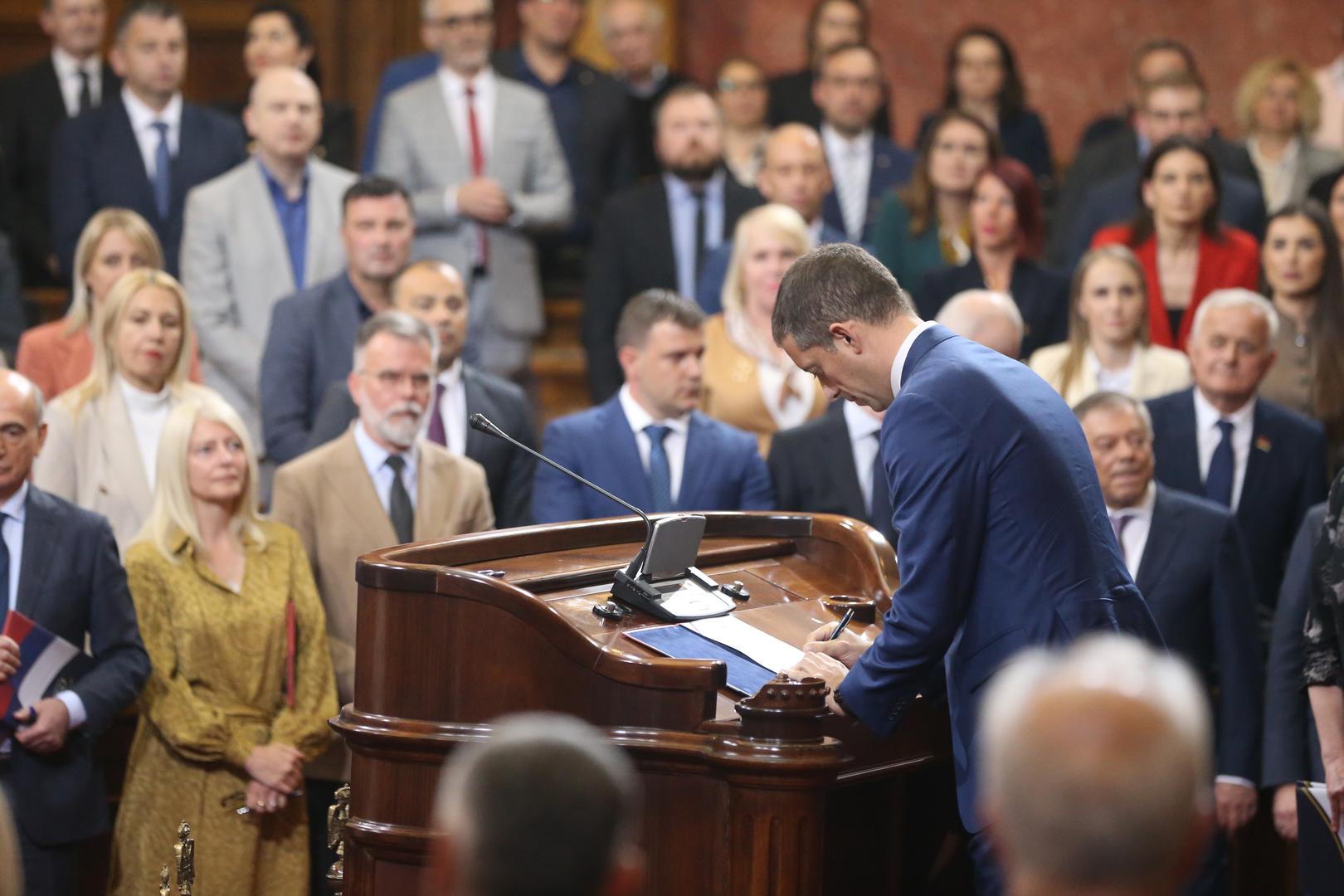 02, May, 2024, Belgrade - The Prime Minister of the Republic of Serbia, Milos Vucevic, and the ministers took the oath in the Assembly of the Republic of Serbia, and with that, their mandate officially began. Marko Djuric. Photo: F.S./ATAImages

02, maj, 2024, Beograd - Predsednik Vlade Republike Srbije Milos Vucevic i ministri polozili su zakletvu u Skupstini Republike Srbije, a time je poceo i zvanicno da im tece mandat. Photo: F.S./ATAImages Photo: F.S./ATAImages/PIXSELL