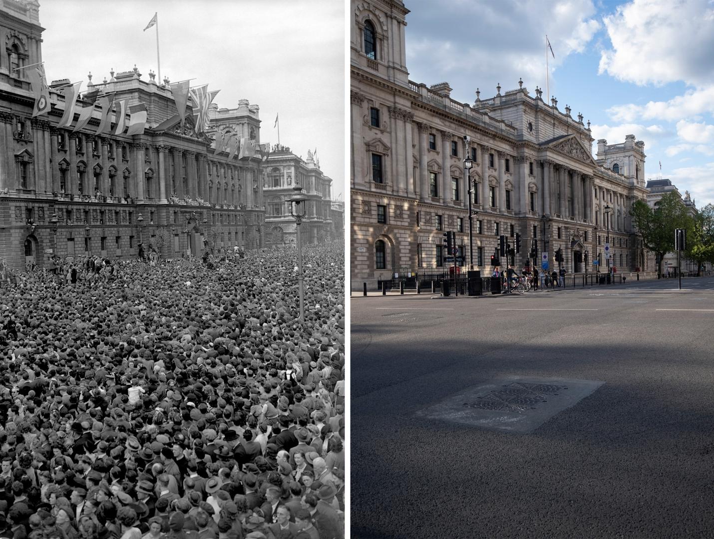 VE Day 75th Anniversary File photo dated 08/05/45 showing huge crowds at Whitehall, London, celebrating VE (Victory in Europe) Day in London, marking the end of the Second World War in Europe, 75 years ago, and how it looked 2/5/2020. PA  Photo: PA Images/PIXSELL