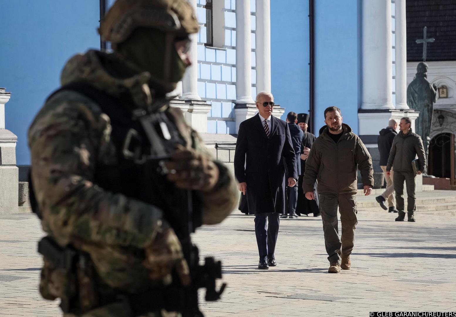 U.S. President Joe Biden and Ukraine's President Volodymyr Zelenskiy visit to Saint Michael’s cathedral, amid Russia's attack on Ukraine, in Kyiv, Ukraine February 20, 2023. REUTERS/Gleb Garanich Photo: GLEB GARANICH/REUTERS