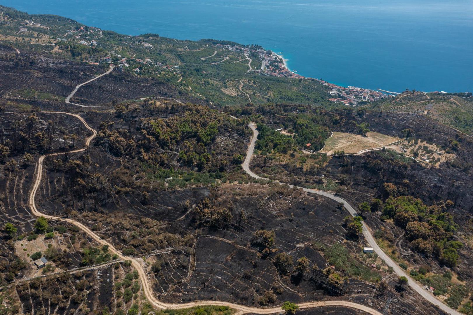 03.08.2024. Gornje Tucepi
Fotografije iz zraka opožarenog podrucja od Tucepi do Gornje Podgore i Parka prirode Biokovo. Photo: Matko Begovic/PIXSELL