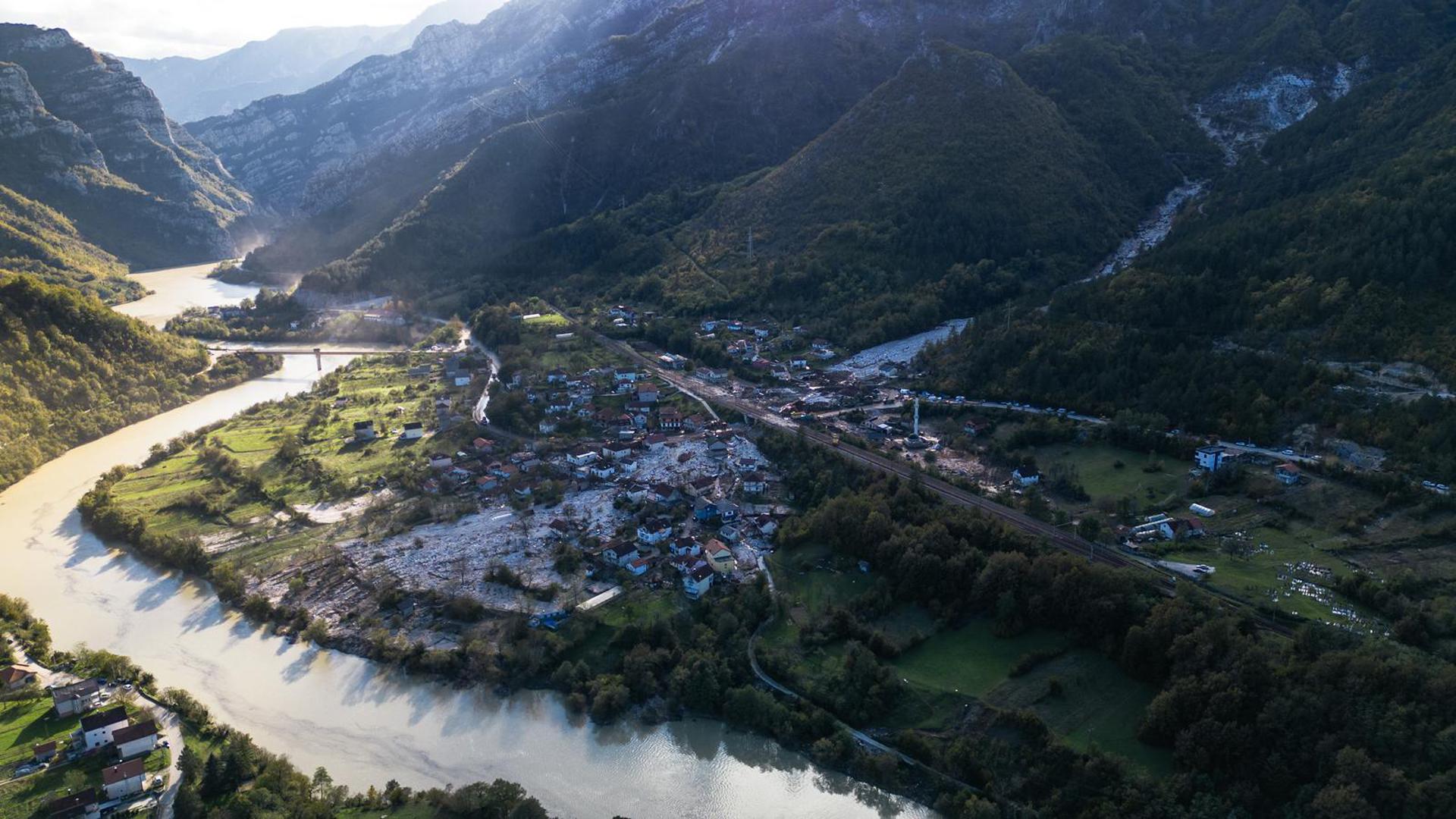 07.10.2024., Jablanica - Pogled iz zraka na mjesto Donje Jablanica i kamenolom iz kojeg je krenula lavina kamenja zajedno s bujicom. Photo: Denis Kapetanovic/PIXSELL