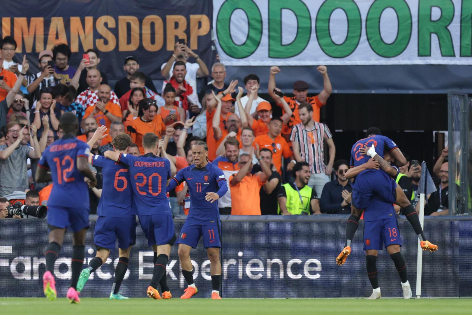 14.06.2023., stadion Feyenoord "De Kuip", Rotterdam, Nizozemska - UEFA Liga Nacija, polufinale, Nizozemska - Hrvatska. Nogometasi Nizozemske slave pogodak za 1:0. Photo: Luka Stanzl/PIXSELL