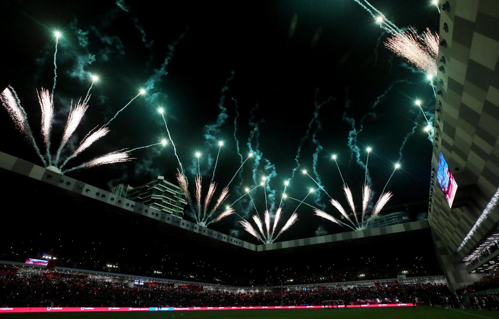 Soccer Football - Euro 2024 Qualifier - Group E - Albania v Faroe Islands - Air Albania Stadium, Tirana, Albania - November 20, 2023 General view of fireworks inside the stadium at half time REUTERS/Florion Goga Photo: Florion Goga/REUTERS