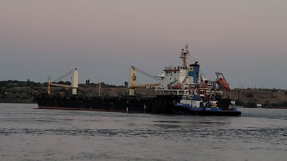 The bulk carrier Sacura is seen in the sea port of Pivdennyi near the Yuzhne town