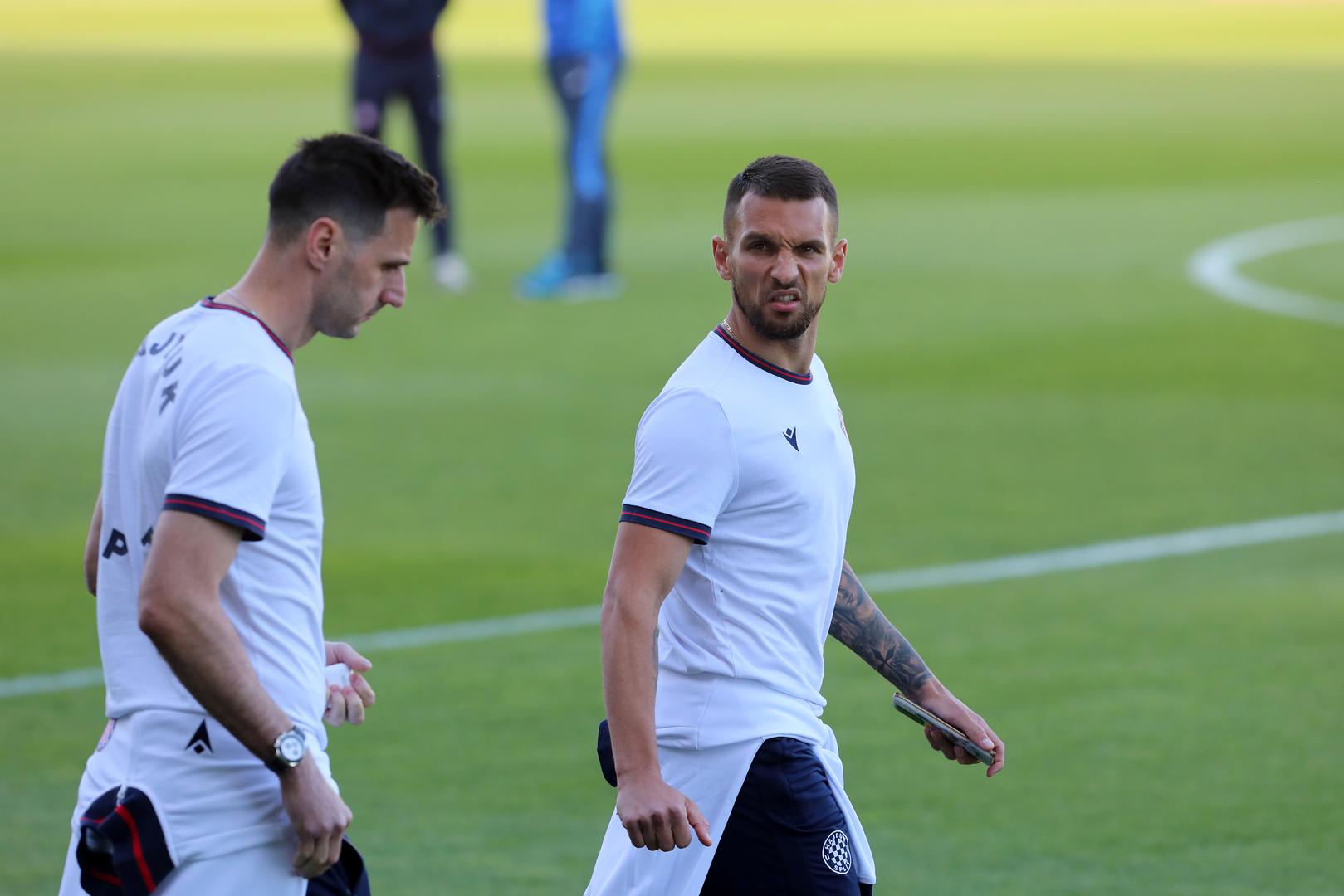 07.04.2024., Rijeka - Stadion Rujevica, Nogometasi Rijeke i Hajduka na terenu uoci utakmice. Photo: Goran Kovacic/PIXSELL