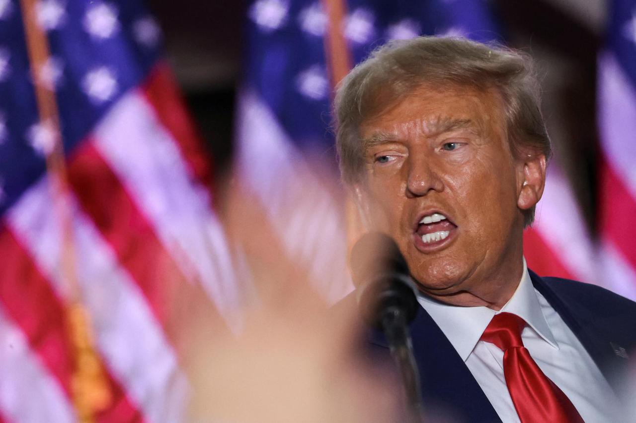 Former U.S. President Donald Trump reacts during an event following his arraignment on classified document charges, in Bedminster