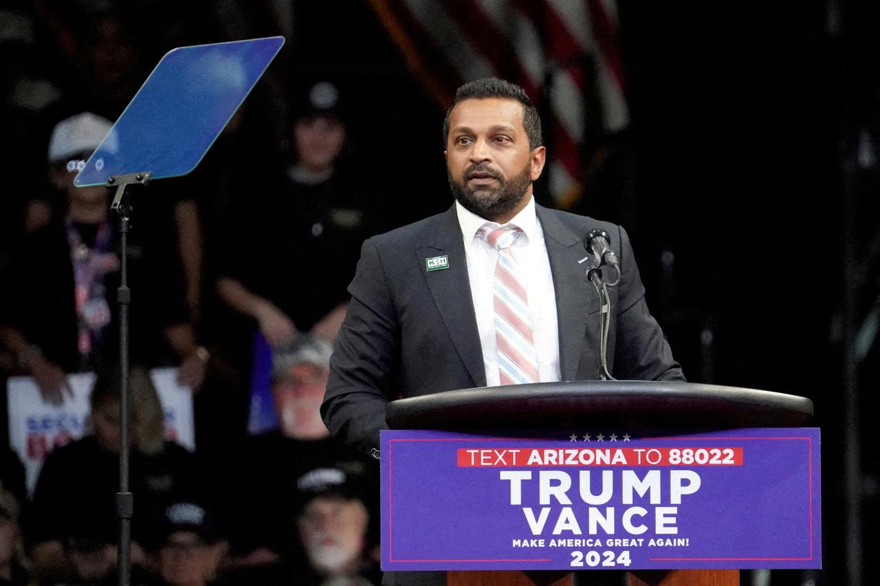 FILE PHOTO: Kash Patel speaks at a campaign rally in Prescott Valley