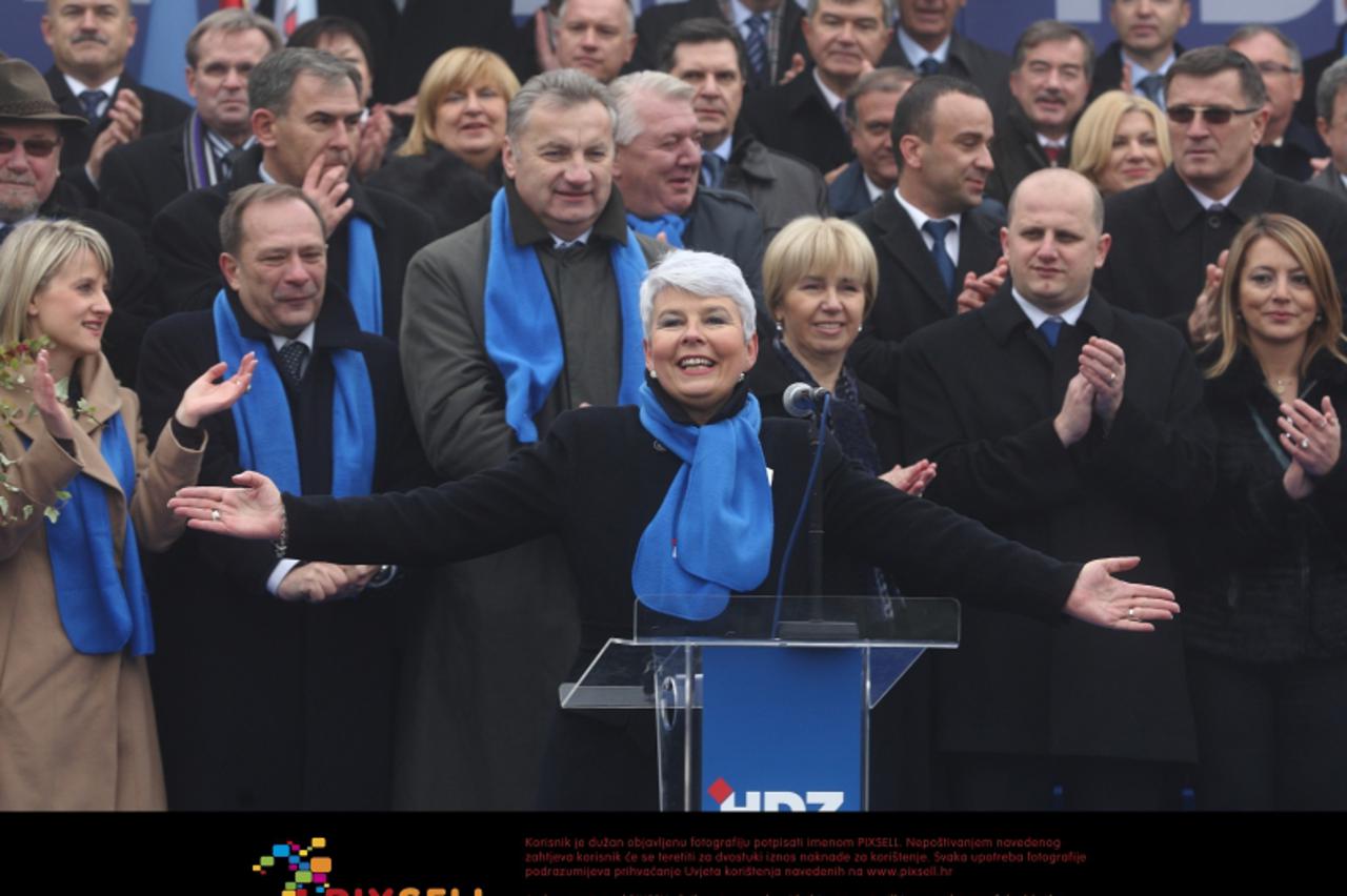 '17.11.2011., Zagreb  - Na stadionu NK Jarun odrzano je predstavljanje kandidata HDZ-a za predstojece parlamentarne izbore. Jadranka Kosor, Djuro Popijac, Davorin Mlakar, Josip Djakic. Photo: Davor Pu