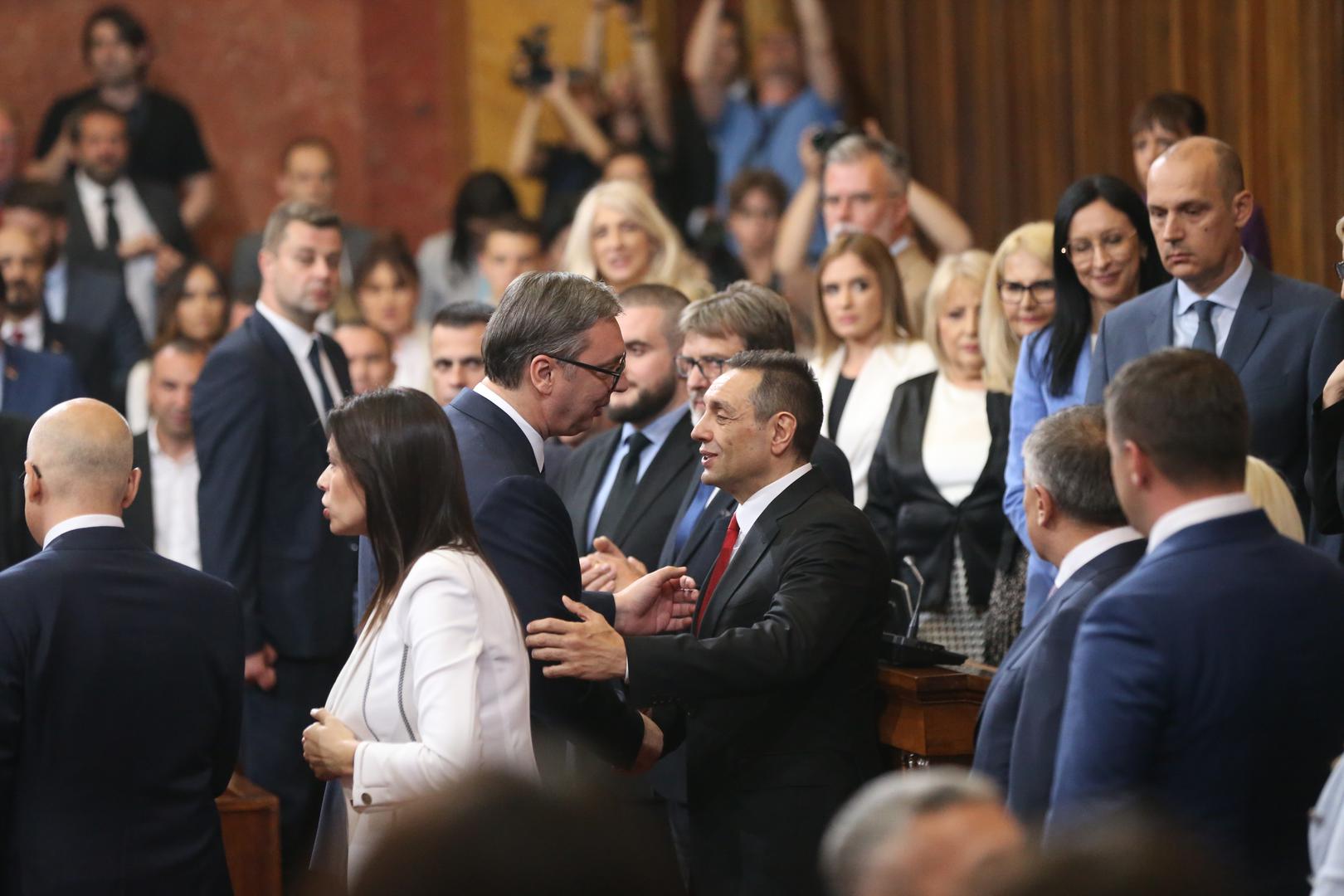 02, May, 2024, Belgrade - The Prime Minister of the Republic of Serbia, Milos Vucevic, and the ministers took the oath in the Assembly of the Republic of Serbia, and with that, their mandate officially began. Aleksandar Vucic, Aleksandar Vulin. Photo: F.S./ATAImages

02, maj, 2024, Beograd - Predsednik Vlade Republike Srbije Milos Vucevic i ministri polozili su zakletvu u Skupstini Republike Srbije, a time je poceo i zvanicno da im tece mandat. Photo: F.S./ATAImages Photo: F.S./ATAImages/PIXSELL