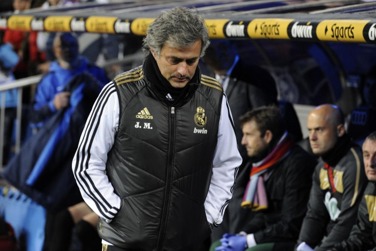 'Real Madrid\'s Portuguese coach Jose Mourinho gestures during the Spanish King\'s Cup football match Real Madrid CF vs Ponferradina on December 20, 2011 at the Santiago Bernabeu stadium in Madrid.   