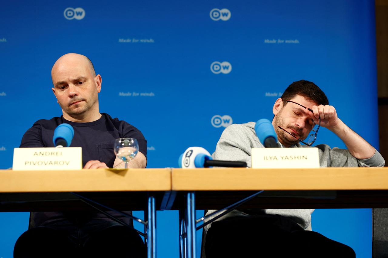 Russian dissidents Ilya Yashin, Vladimir Kara-Murza and Andrei Pivovarov hold a press conference after being freed, in Bonn