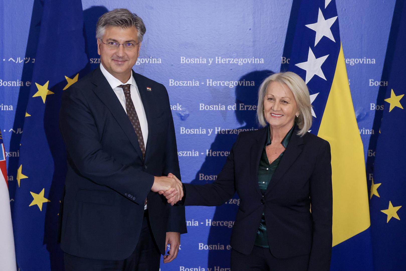 19.10.2023., Sarajevo, Bosna i Hercegovina - Predsjednik Vlade Andrej Plenkovic stigao je u sluzbeni posjet BiH, te se sastao s Predsjedateljicom Vijeca ministara BiH Borjanom Kristo. Photo: Armin Durgut/PIXSELL