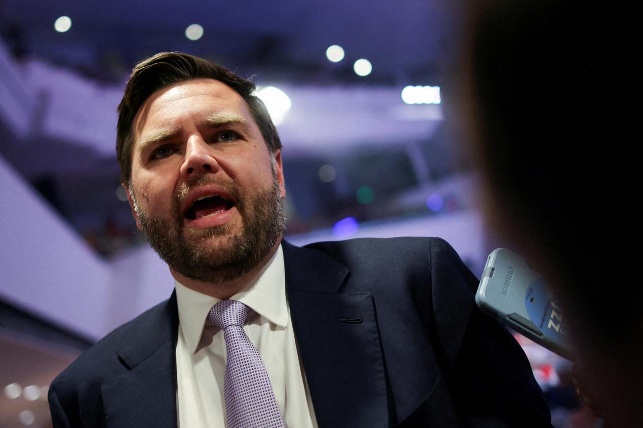 U.S. Senator J. D. Vance (R-OH) speaks to the media before a Turning Point USA event at the Dream City Church in Phoenix