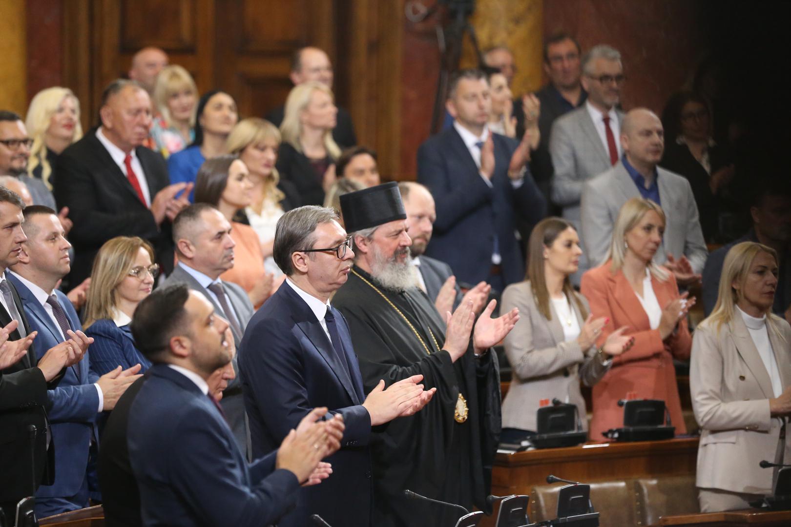 02, May, 2024, Belgrade - The Prime Minister of the Republic of Serbia, Milos Vucevic, and the ministers took the oath in the Assembly of the Republic of Serbia, and with that, their mandate officially began. Aleksandar Vucic. Photo: F.S./ATAImages

02, maj, 2024, Beograd - Predsednik Vlade Republike Srbije Milos Vucevic i ministri polozili su zakletvu u Skupstini Republike Srbije, a time je poceo i zvanicno da im tece mandat. Photo: F.S./ATAImages Photo: F.S./ATAImages/PIXSELL