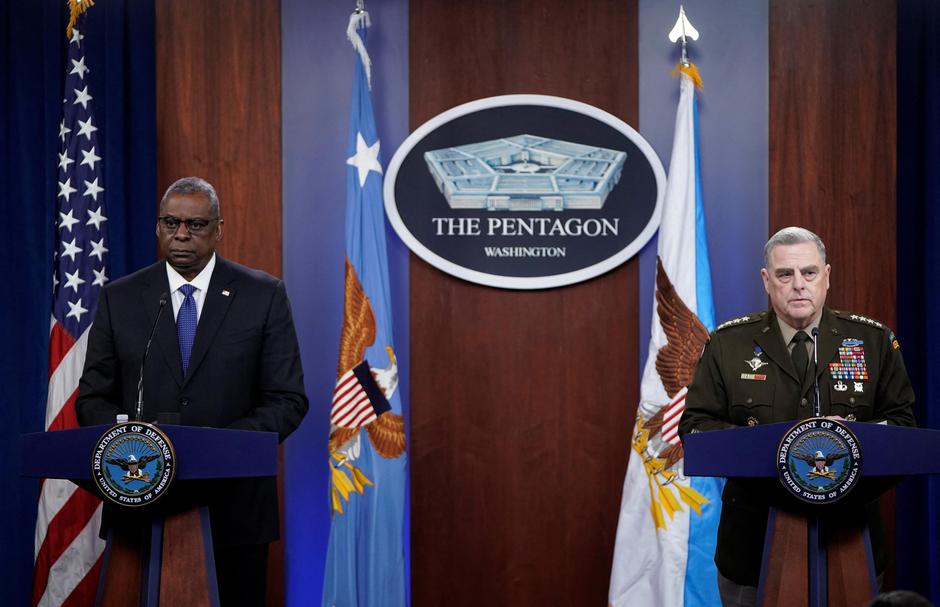 U.S. Defense Secretary Austin and Joint Chiefs of Staff Chairman Milley speak about Russia and Ukraine at Pentagon in Washington