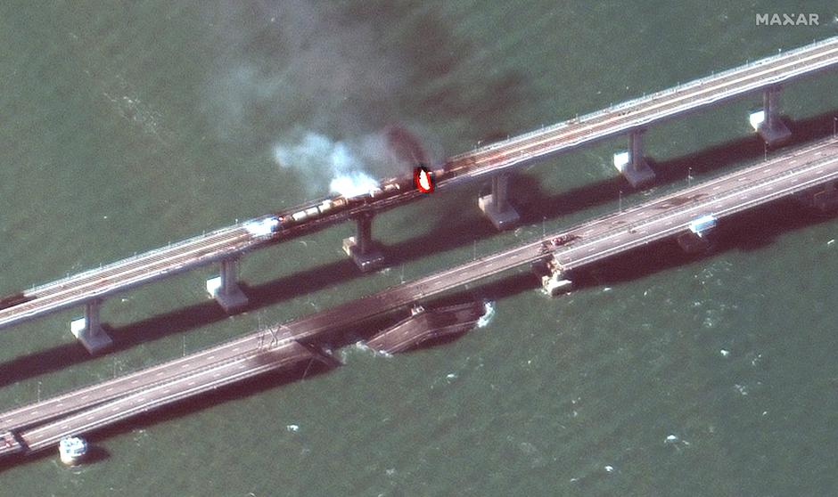 A satellite image shows the Kerch bridge in the Kerch Strait