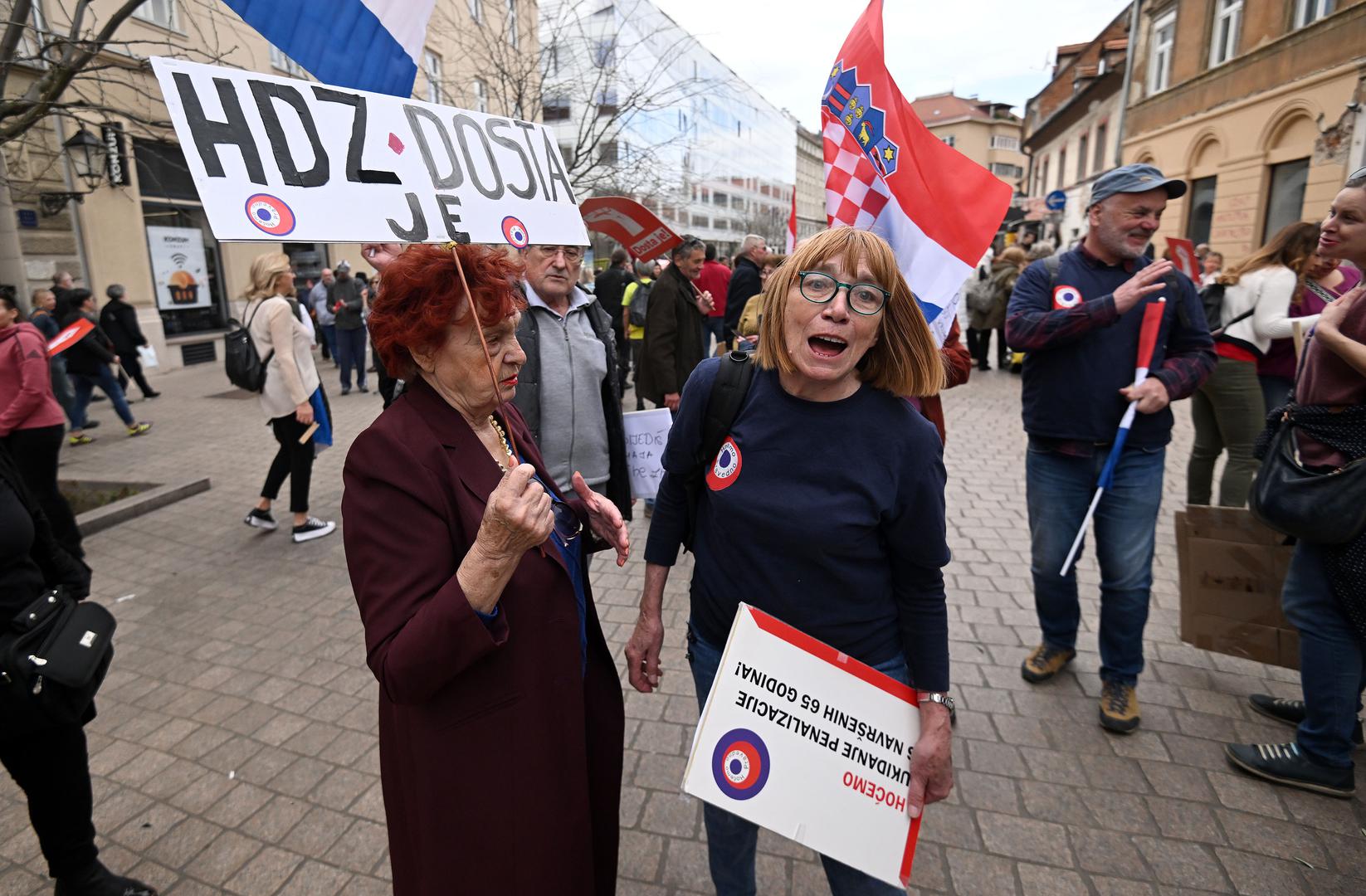 23.03.2024., Zagreb - Koalicija Rijeke pravde i stranka Možemo! mjesec dana uoci izbora, odrzali su prosvjedne skupove pod nazivom 'Dosta je!', istodobno u pet gradova s kojih su opet porucili da je 'dosta tiranije, lazi i korupcije, dosta je HDZ-a' te najavljuju da ce oni Hrvatskoj vratiti nadu i buducnost.  Photo: Marko Lukunic/PIXSELL