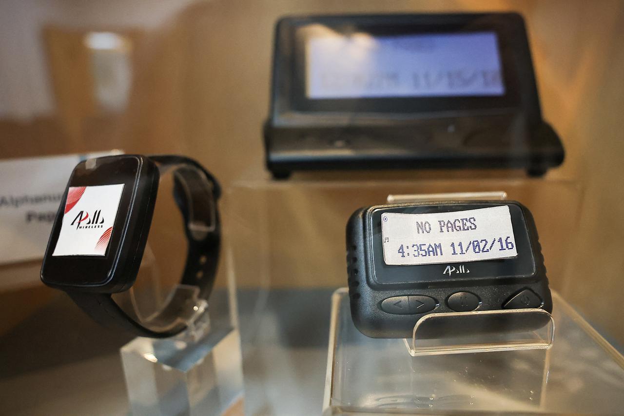 Pagers on display at a meeting room in the Gold Apollo company in New Taipei City