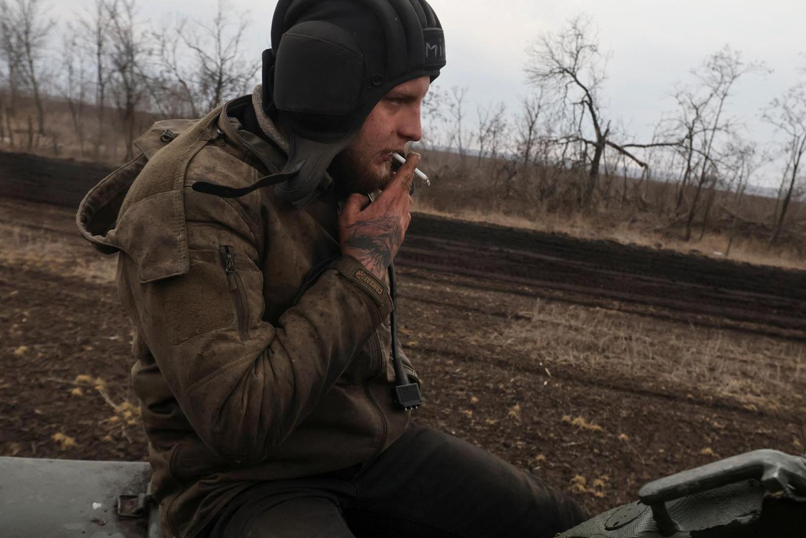 A Ukrainian serviceman smokes as he rides on a tank near the frontline town of Bakhmut, amid Russia's attack on Ukraine, in Donetsk region, Ukraine March 7, 2023. Radio Free Europe/Radio Liberty/Serhii Nuzhnenko via REUTERS THIS IMAGE HAS BEEN SUPPLIED BY A THIRD PARTY. Photo: RFE/RL/SERHII NUZHNENKO/REUTERS