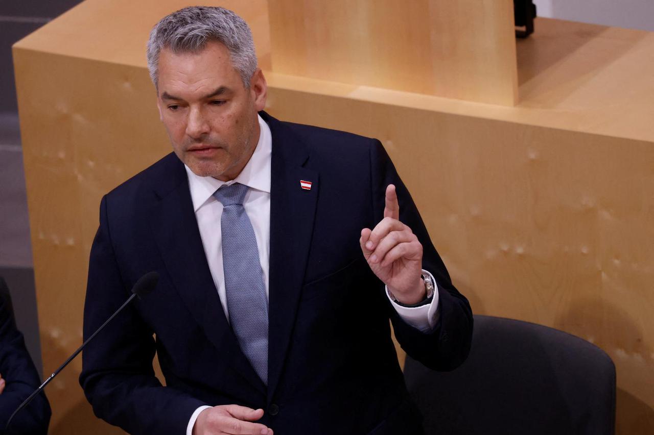 Austrian Chancellor Nehammer delivers a speech in the Parliament in Vienna