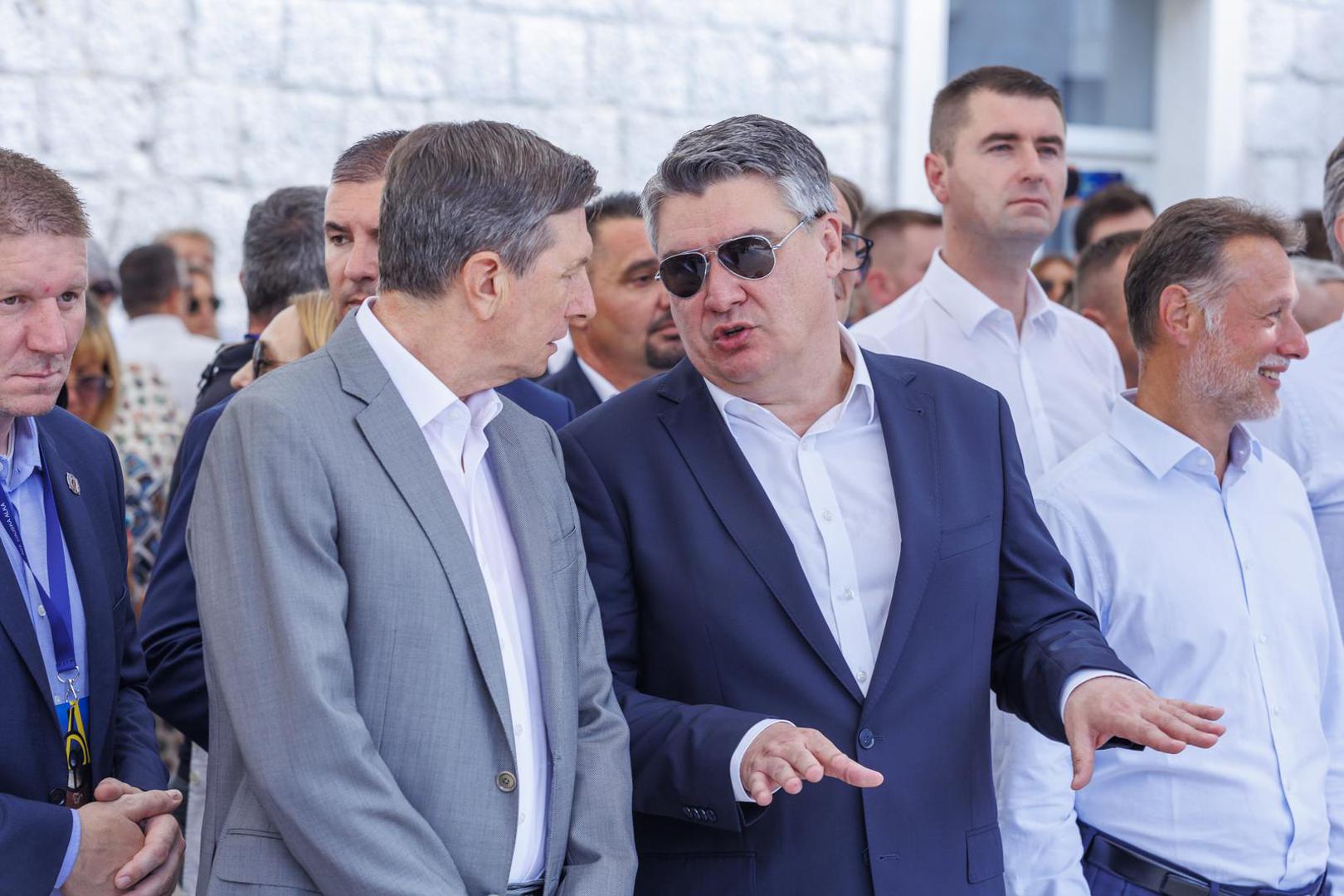 07.08.2022., Sinj - Predsjednik RH Zoran Milanovic, premijer Andrej Plenkovic s ministrima, predsjednik Republike Slovenije Borut Pahor sudjelovali su na Vojvodinom prijemu u Alkarskim dvorima.
Borut Pahor, Zoran Milanovic
Photo:   Photo: Miroslav Lelas/PIXSELL