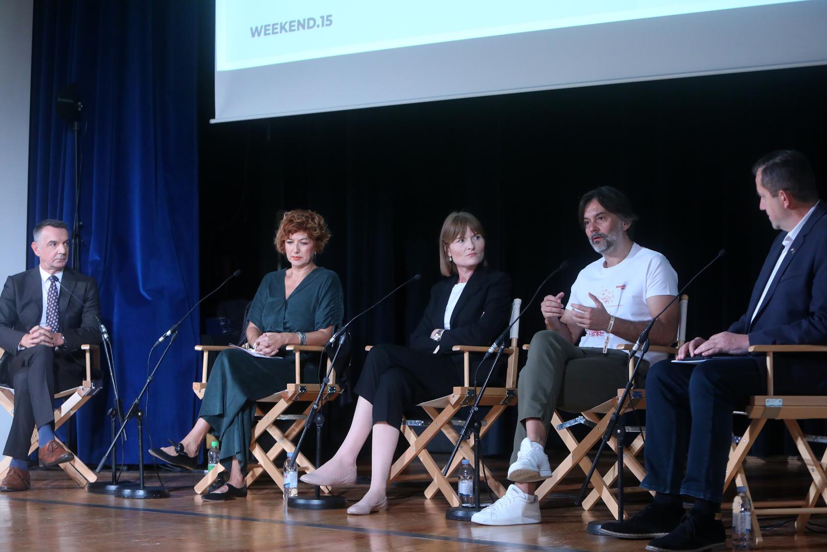 24.09.2022., Rovinj - 15. Weeken Media festival, 
Dvorana Vikendica, panel Smrt cinjenica, panelisti: Marijana Grbesa, Ksenija Kardum, Drazen Klaric i Ognian Zlatev, moderator Tihomir Ladisic.
 Photo: Kristina Stedul Fabac/PIXSELL