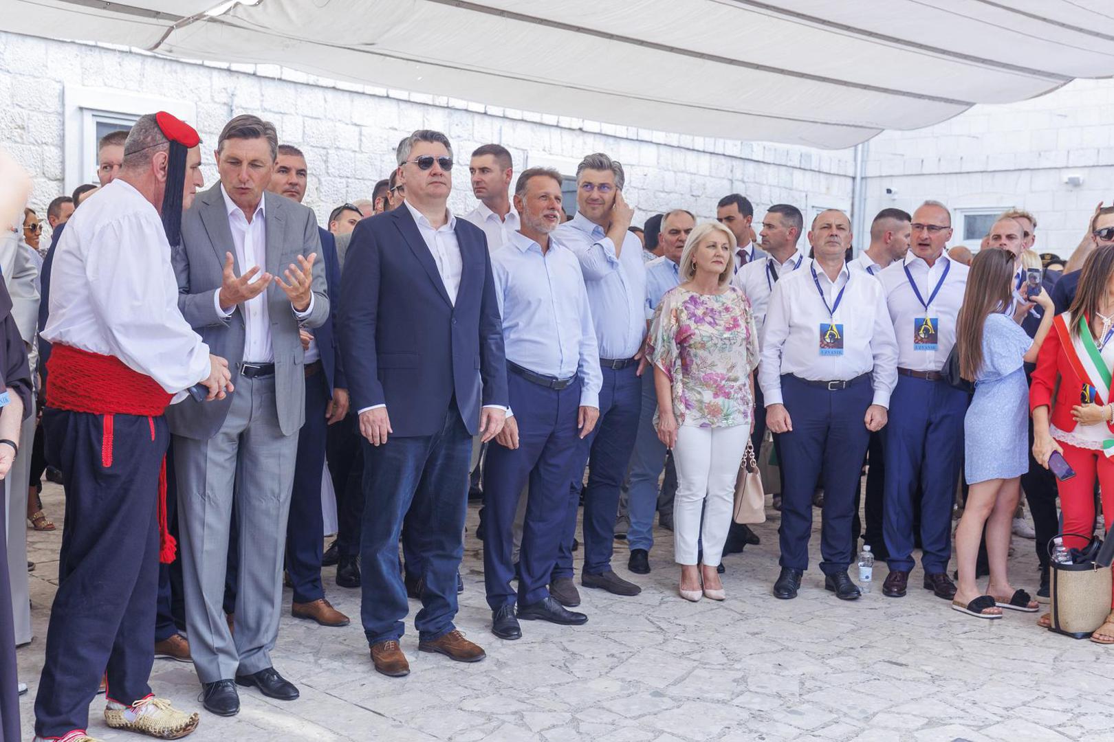 07.08.2022., Sinj - Predsjednik RH Zoran Milanovic, premijer Andrej Plenkovic s ministrima, predsjednik Republike Slovenije Borut Pahor sudjelovali su na Vojvodinom prijemu u Alkarskim dvorima.
Photo:   Photo: Miroslav Lelas/PIXSELL