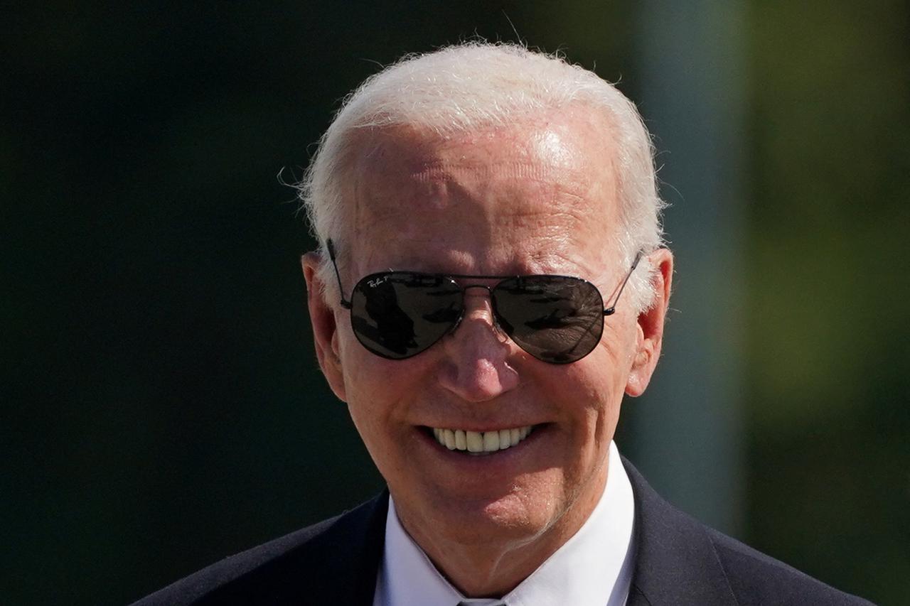 U.S. President Biden reacts at the John Murtha Johnstown-Cambria County Airport, in Johnstown