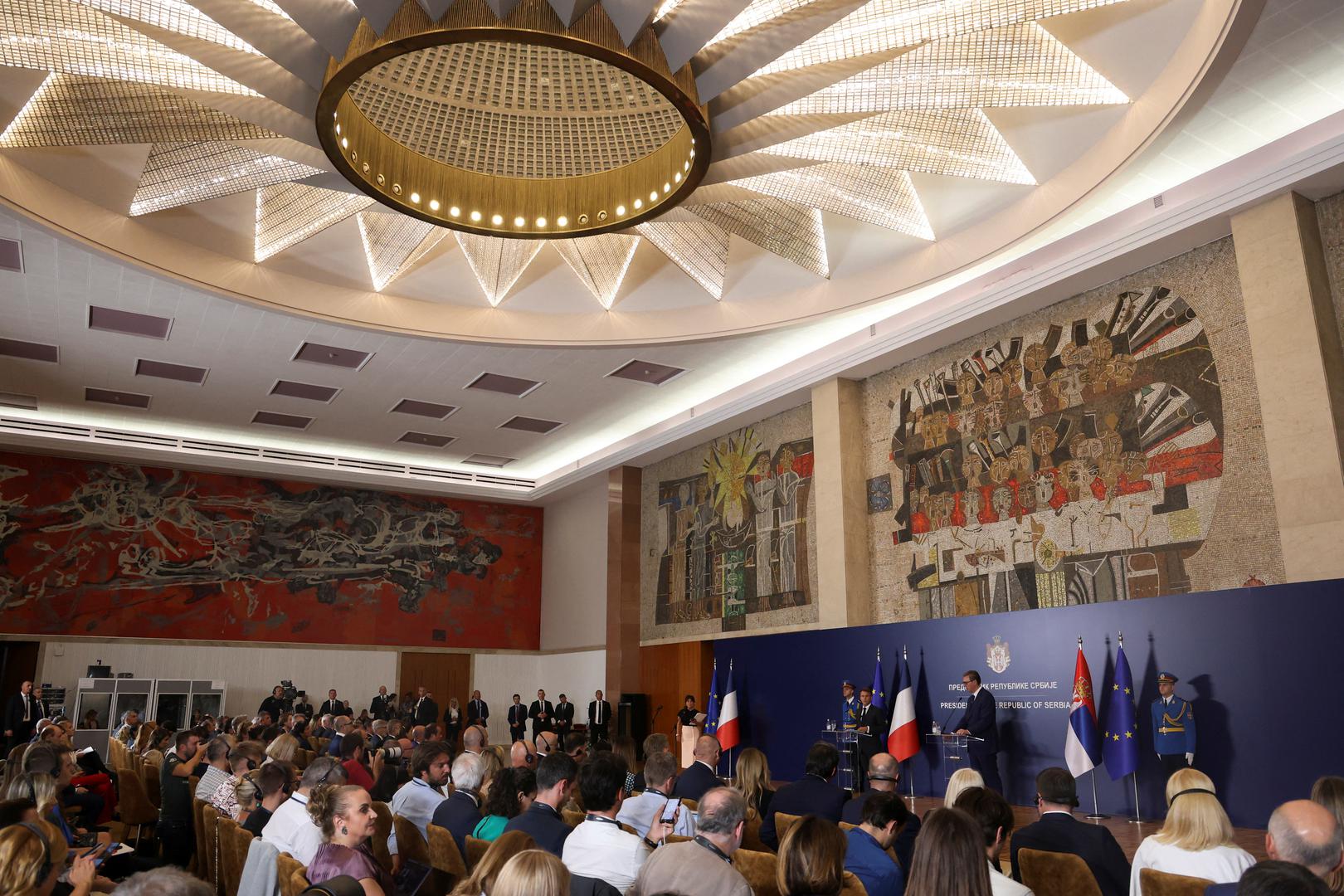 French President Emmanuel Macron and Serbian President Aleksandar Vucic hold a joint press conference at the Palace of Serbia building in Belgrade, Serbia, August 29, 2024. REUTERS/Djordje Kojadinovic Photo: DJORDJE KOJADINOVIC/REUTERS