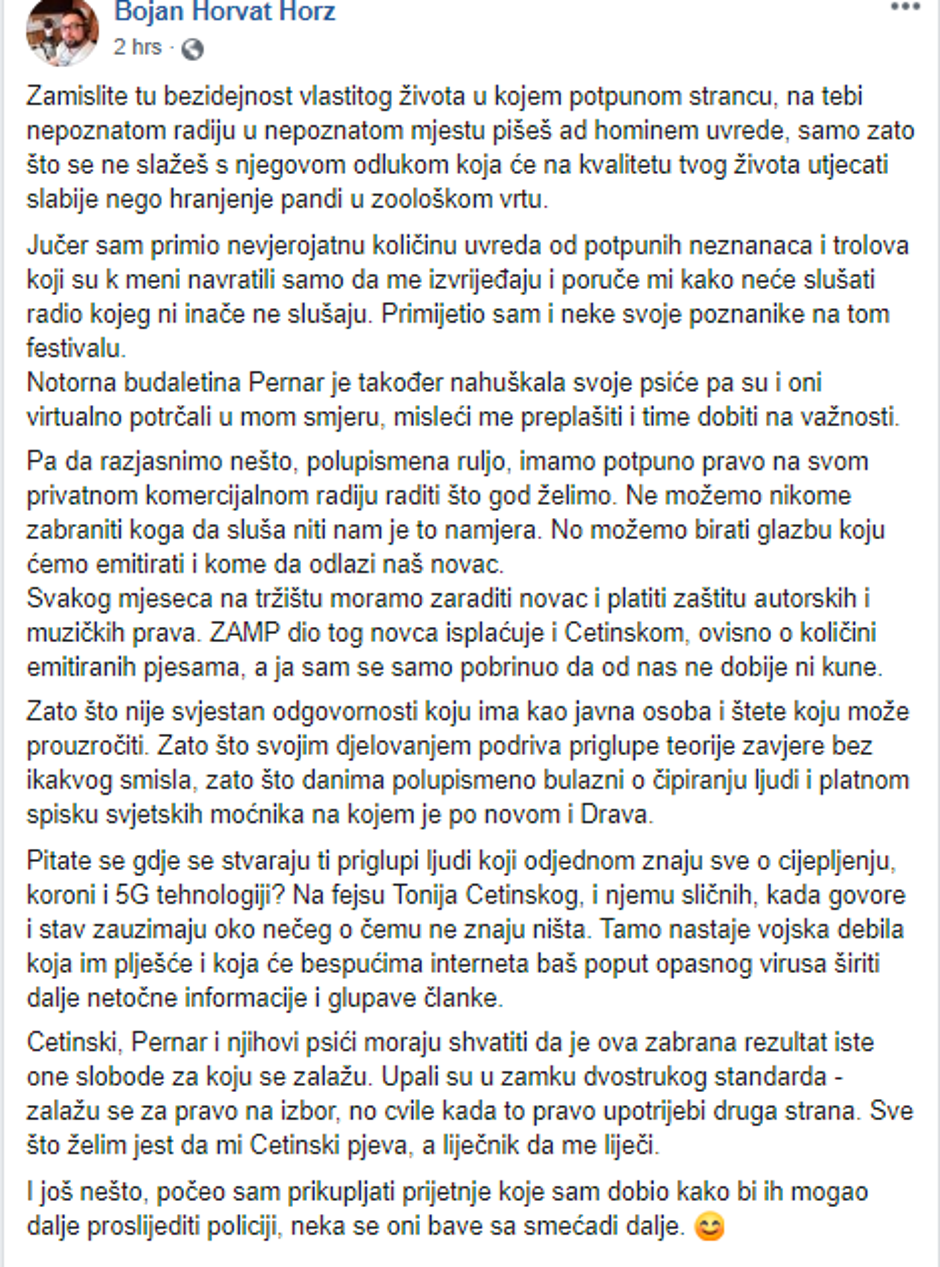 Bojan Horvat o prijetnjama