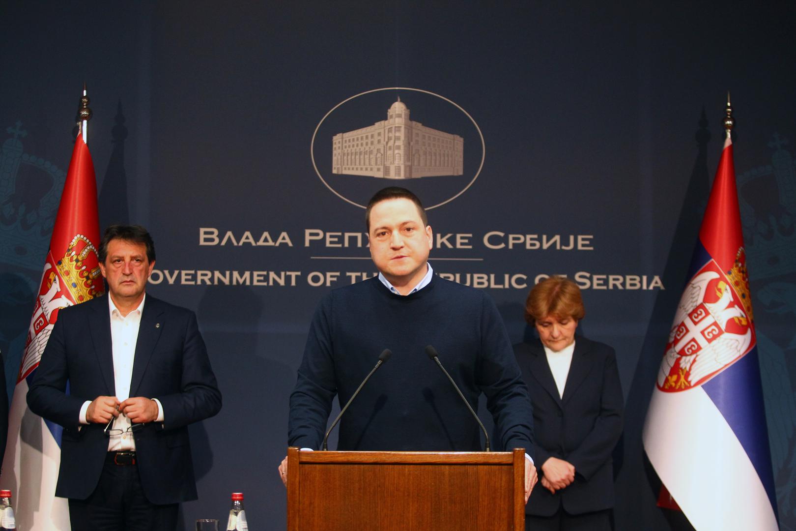 03, May, 2023, Belgrade - An extraordinary press conference on the occasion of the tragedy that happened at the "Vladislav Ribnikar" Elementary School in Belgrade was held at the Government of Serbia.  Bratislav Gasic, Branko Ruzic, Danica Grujicic. Photo: Milos Tesic/ATAImages

03, maj, 2023, Beograd  - Vanredna konferencija za novinare, povodom tragedije koja se desila u Osnovnoj skoli "Vladislav Ribnikar” u Beogradu, odrzana je u Vladi Srbije. Photo: Milos Tesic/ATAImages Photo: Milos Tesic/PIXSELL