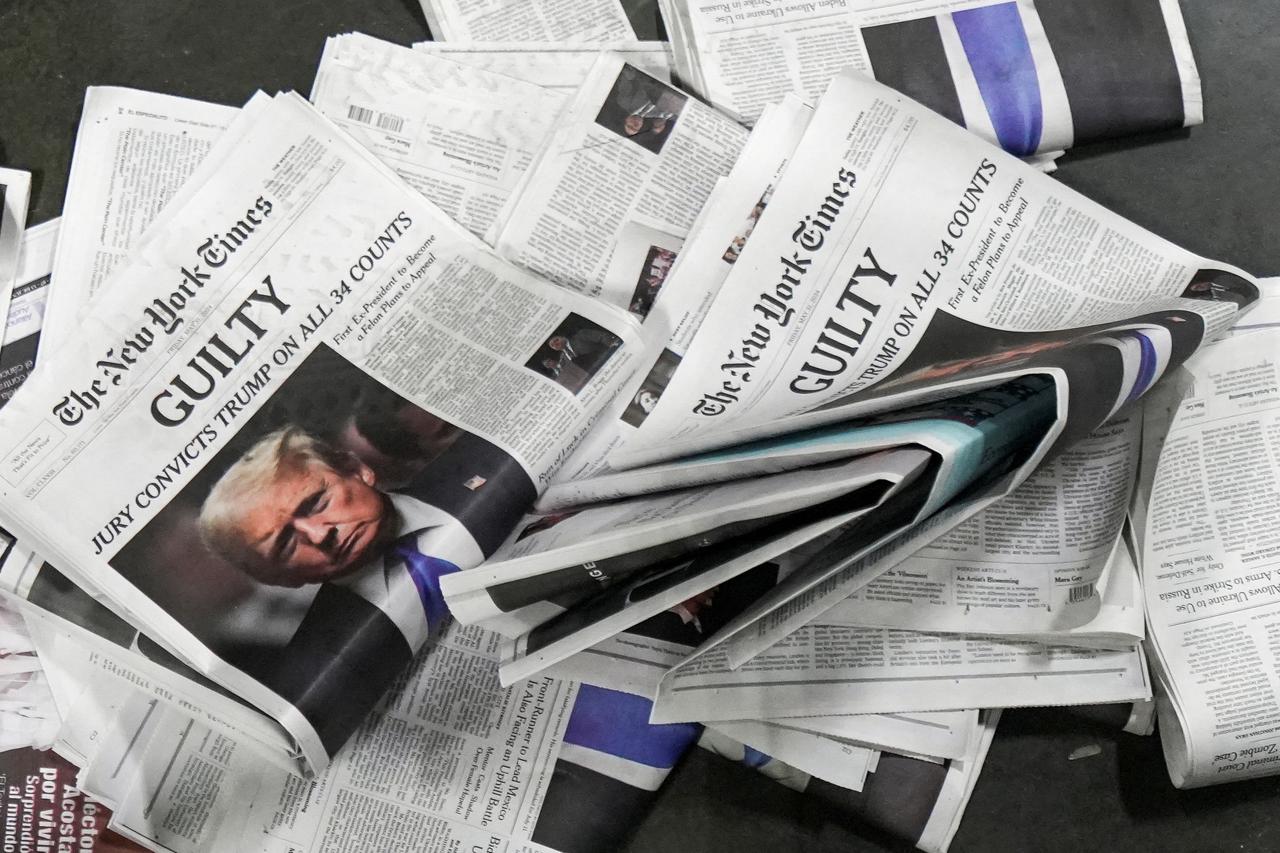 New York Times newspapers are being printed, following the announcement of the verdict on former U.S. President Donald Trump's criminal trial in New York City