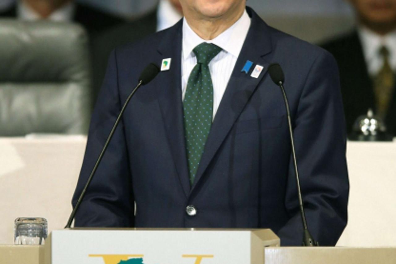 'Japan's Prime Minister Shinzo Abe delivers a speech during the opening session of the Tokyo International Conference on African Development (TICAD) in Yokohama, south of Tokyo, in this photo taken b