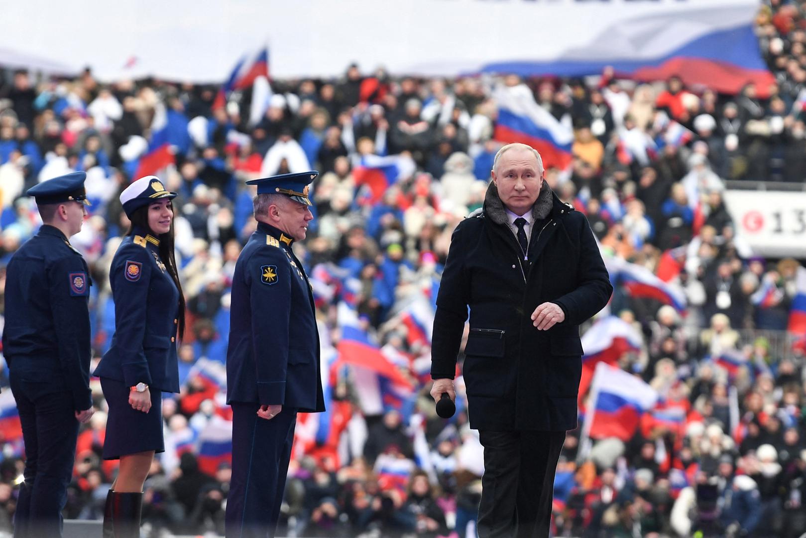 Russian President Vladimir Putin attends a concert dedicated to Russian service members involved in the country's military campaign in Ukraine, on the eve of the Defender of the Fatherland Day at Luzhniki Stadium in Moscow, Russia February 22, 2023. Sputnik/Maksim Blinov/Kremlin via REUTERS ATTENTION EDITORS - THIS IMAGE WAS PROVIDED BY A THIRD PARTY. Photo: SPUTNIK/REUTERS