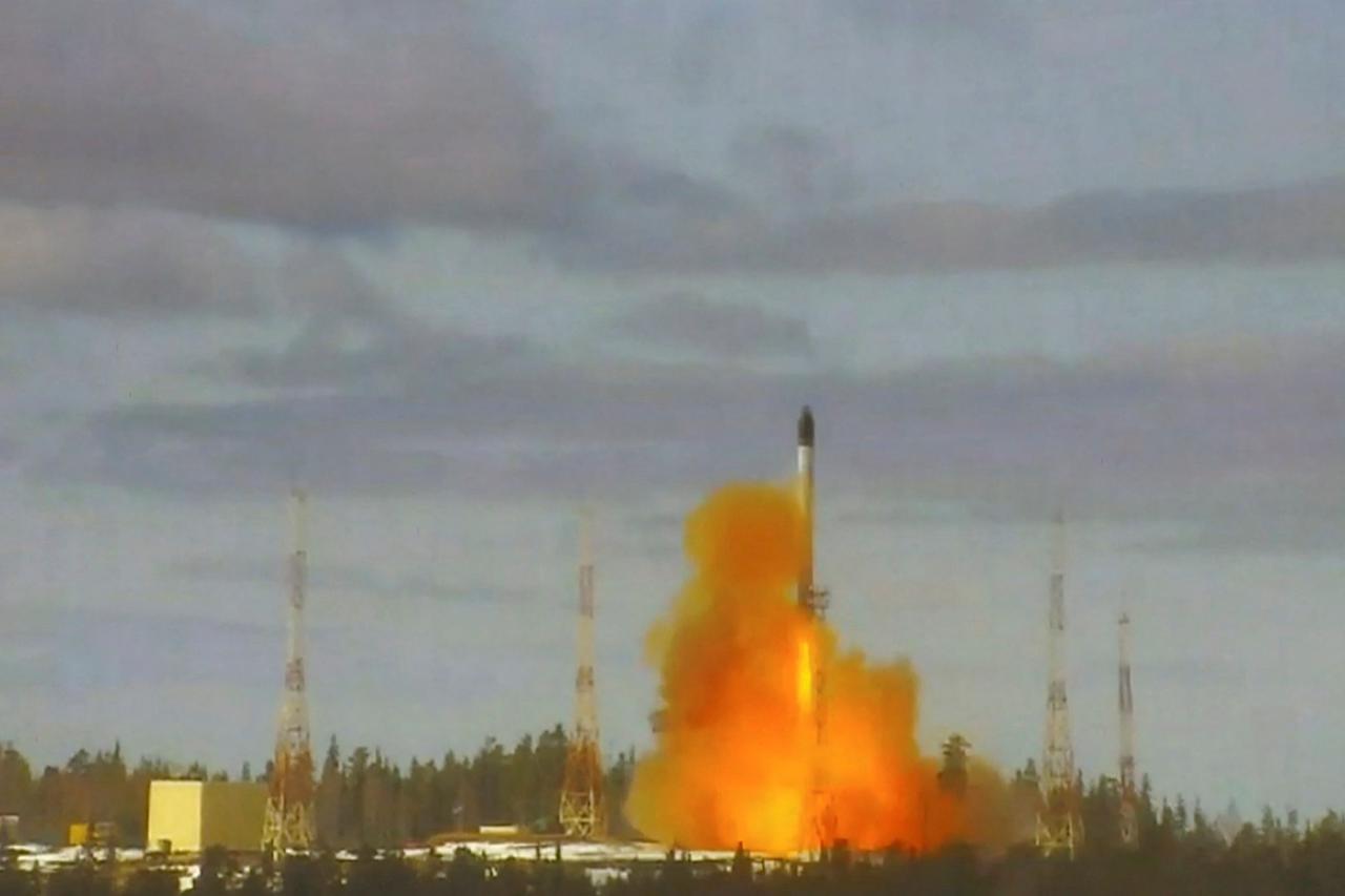 The Sarmat intercontinental ballistic missile is launched during a test at Plesetsk cosmodrome