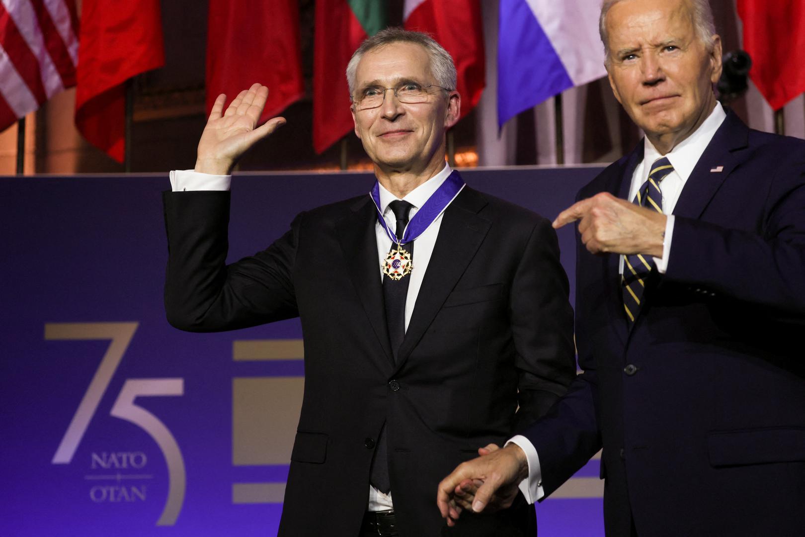 U.S. President Joe Biden awards NATO Secretary General Jens Stoltenberg with the Presidential Medal of Freedom at a NATO event to commemorate the 75th anniversary of the alliance, in Washington, U.S., July 9, 2024. REUTERS/Leah Millis Photo: LEAH MILLIS/REUTERS