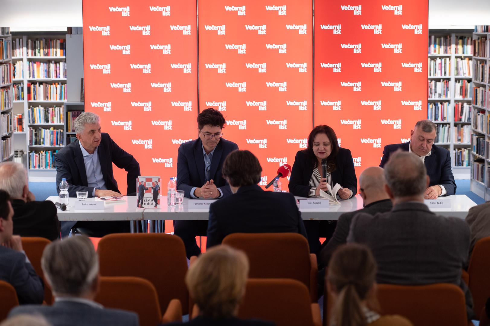 19.04.2024., Zagreb - Promocija knjige "Neprijatelji iz cista mira" u knjiznici Bogdana Ogrizovica. Zarko Ivkovic, Tomislav Krasnec, Ines Sabalic, Tonci Tadic Photo: Marko Juric/PIXSELL