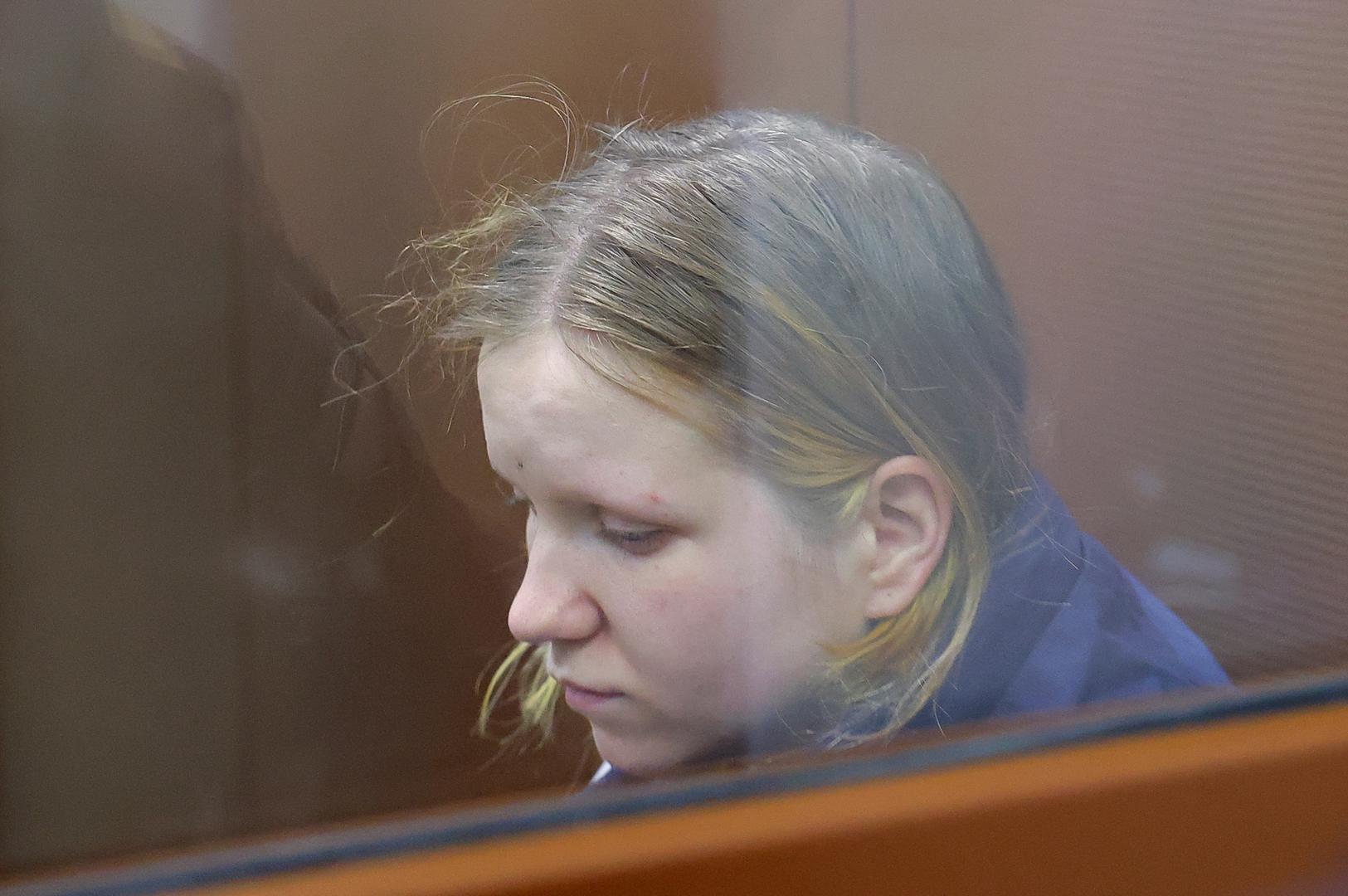 Darya Trepova, who is suspected of the killing of Russian military blogger Maxim Fomin widely known by the name of Vladlen Tatarsky, sits behind a glass wall of an enclosure for defendants before a court hearing in Moscow, Russia, April 4, 2023. REUTERS/Evgenia Novozhenina Photo: EVGENIA NOVOZHENINA/REUTERS