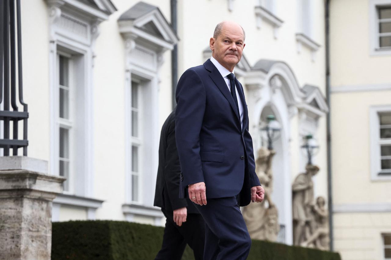 German Chancellor Olaf Scholz leaves the Bellevue Palace in Berlin