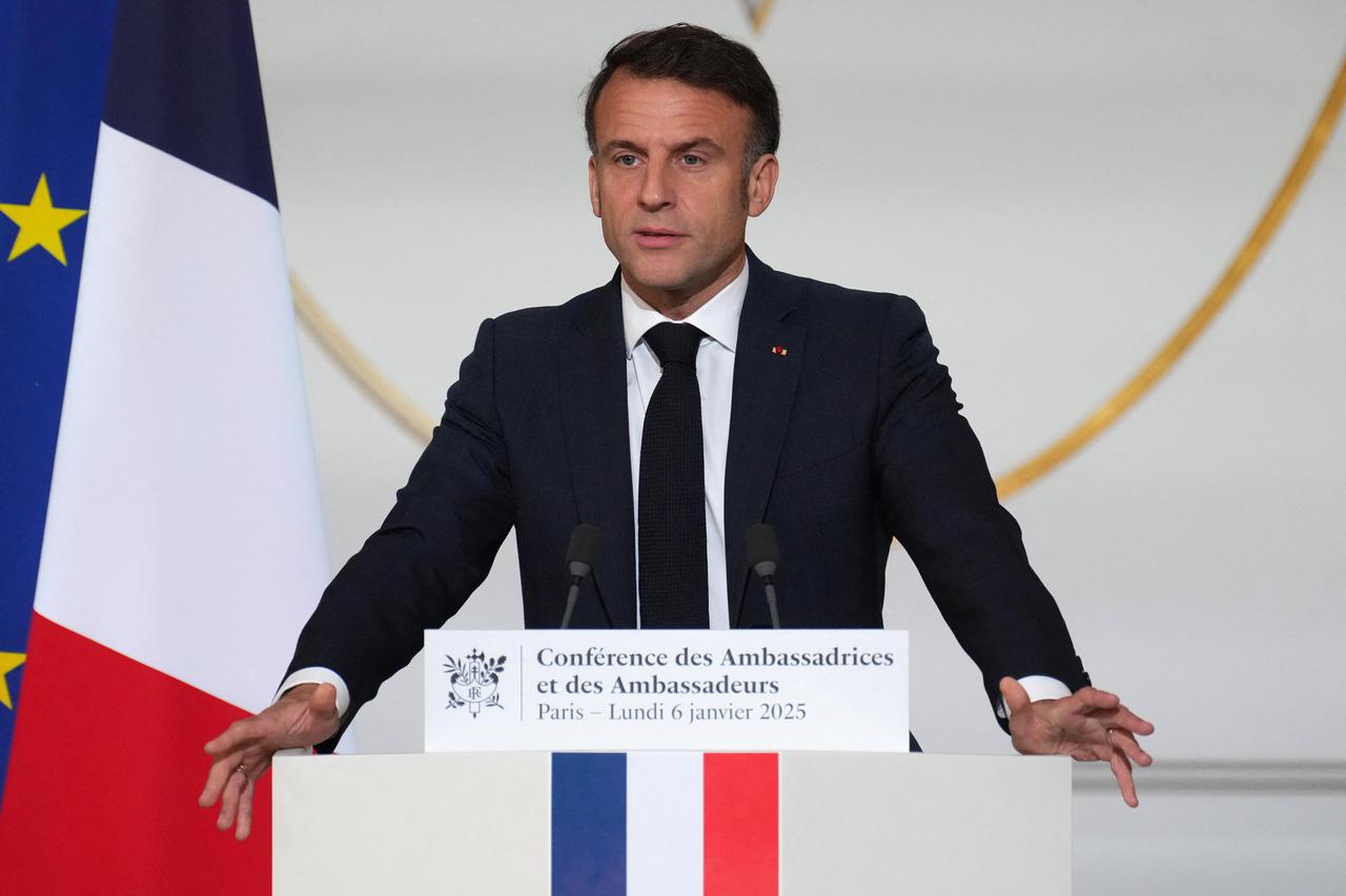 French President Emmanuel Macron delivers his speech, at the Elysee Palace in Paris