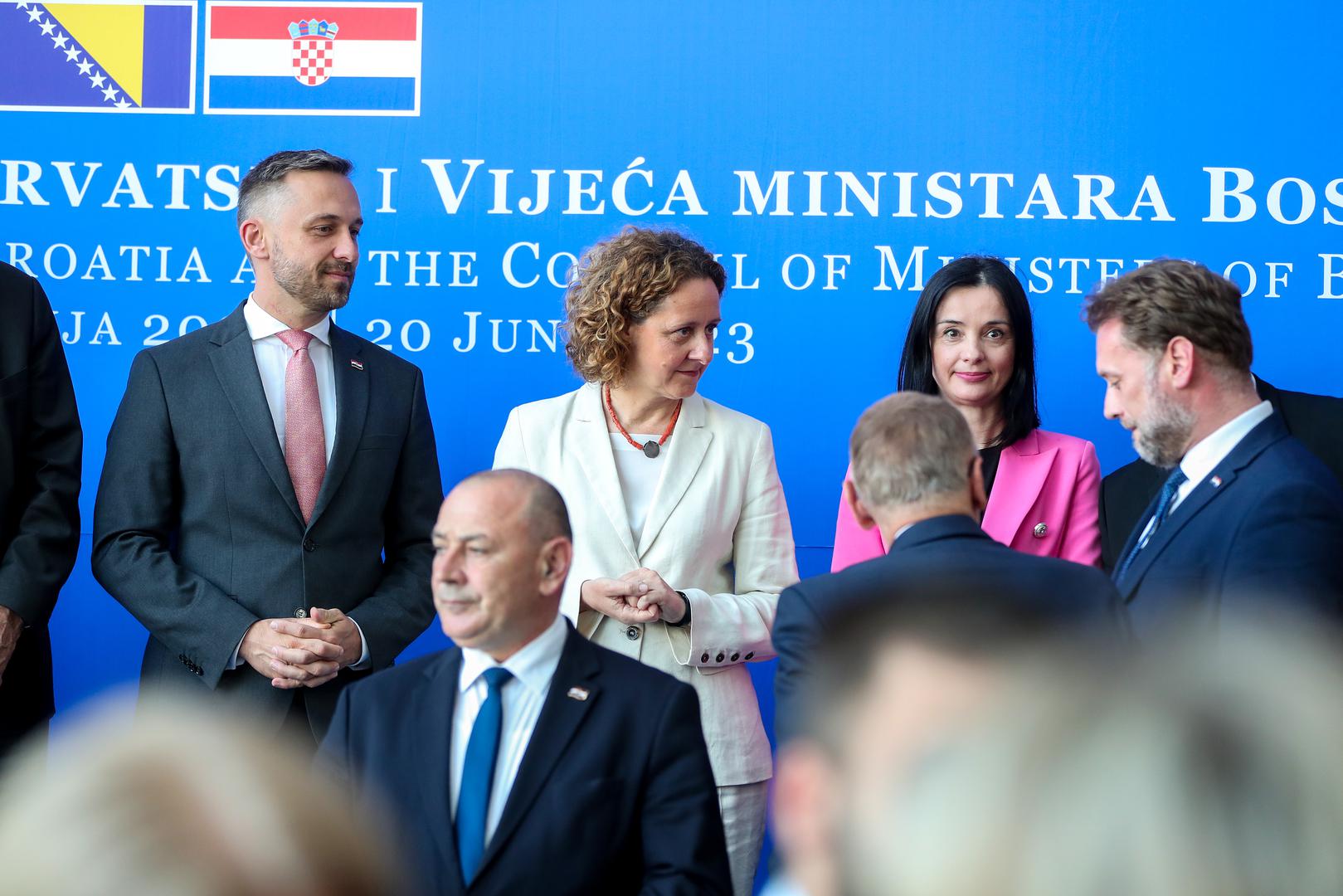 20.06.2023., Zagreb - Zajednicka sjednica Vlade Republike Hrvatske i Vijeca ministara Bosne i Hercegovine odrzana je u Nacionalnoj i sveucilisnoj knjiznici. ministar rada, mirovinskoga sustava, obitelji i socijalne politike Marin Piletic, ministrica kulture i medija Nina Obuljen Korzinek, ministrica poljoprivrede Marija Vuckovic Photo: Matija Habljak/PIXSELL