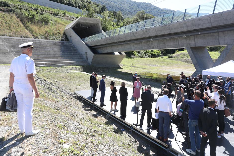 Swiss President Sommaruga addresses the media in front of new built Ceneri Base Tunnel near Camorino