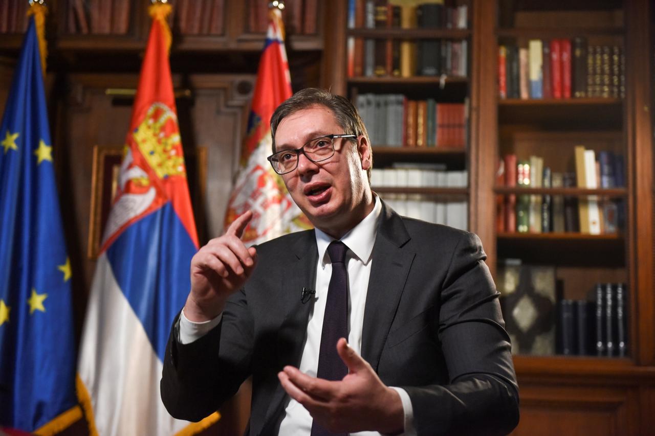 Serbian President Aleksandar Vucic speaks during an interview with Reuters in Belgrade