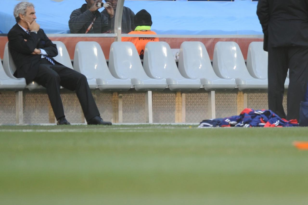 'France\'s coach Raymond Domenech reacts during the Group A first round 2010 World Cup football match France vs. South Africa on June 22, 2010 at Free State Stadium in Mangaung/Bloemfontein. South Afr