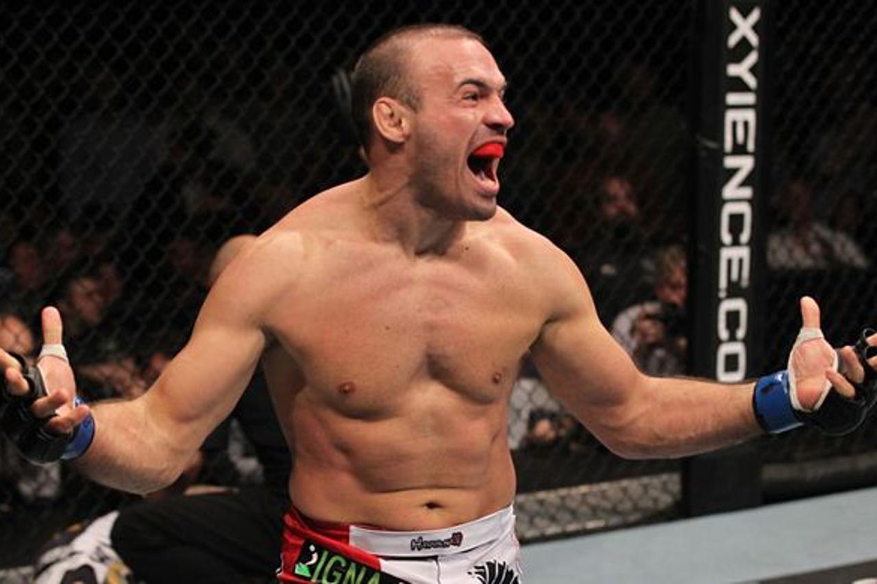 'TORONTO, ON - DECEMBER 10:  Igor Pokrajac reacts after knocking out Krzysztof Soszynski during the UFC 140 event at Air Canada Centre on December 10, 2011 in Toronto, Ontario, Canada.  (Photo by Nick